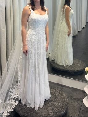 David's Bridal | Dresses | Davids Bridal A Line Chiffon Split Front Overlay  Wedding Dress Size 4p | Poshmark